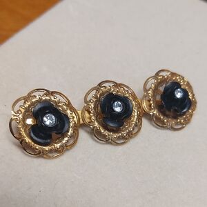 Vintage Gold Tone Black Rose Bar Brooch Floral